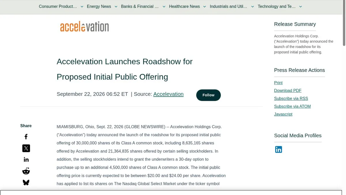 Accelevation's official IPO roadshow announcement on GlobeNewswire