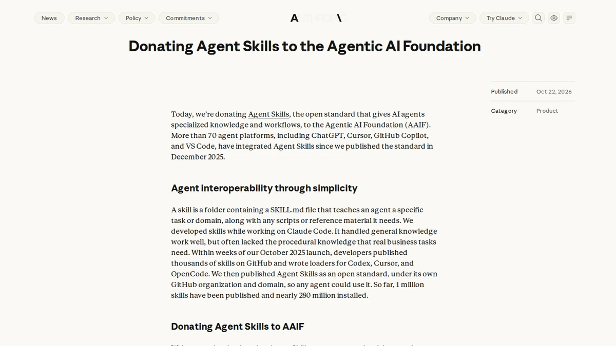 Anthropic announcement donating Agent Skills to the Agentic AI Foundation