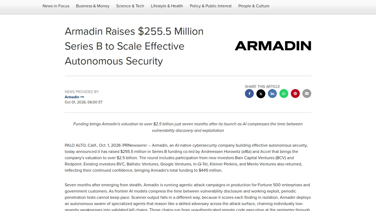 Armadin's dated Series B announcement on PR Newswire