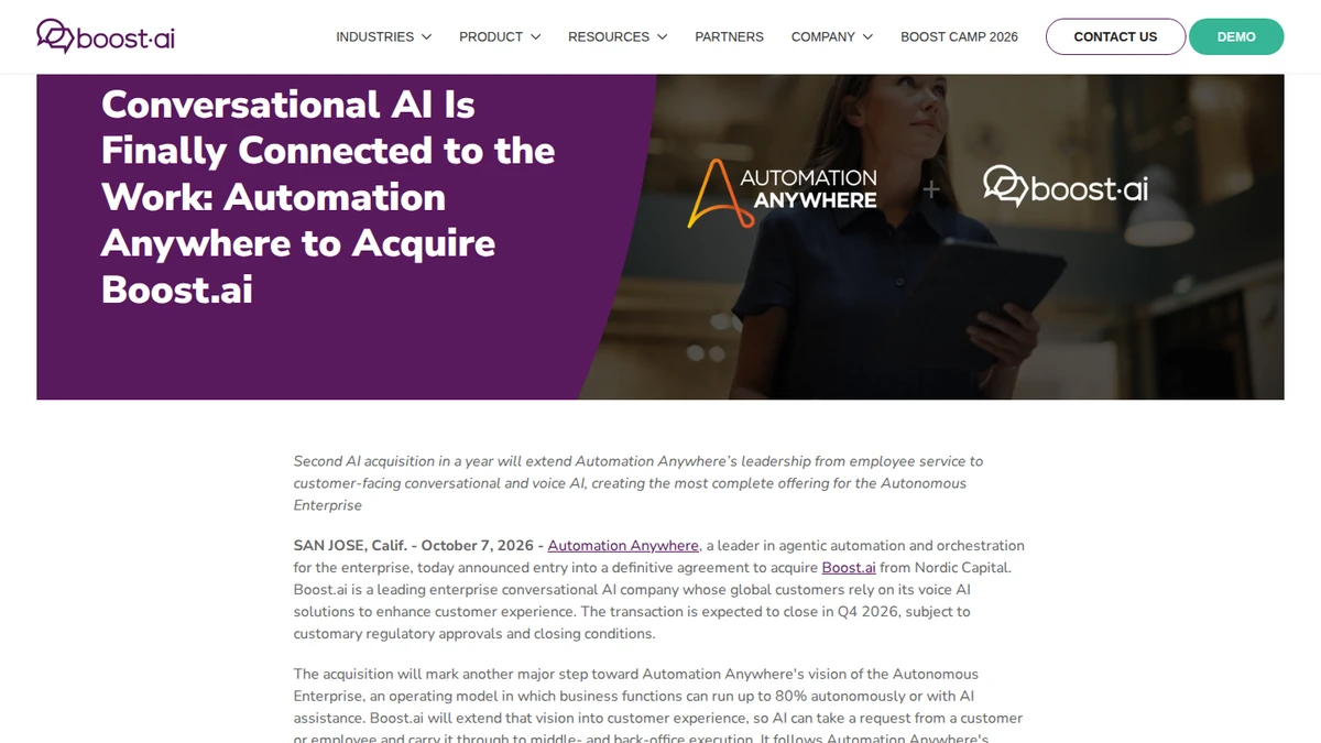 boost.ai announcement of its planned acquisition by Automation Anywhere