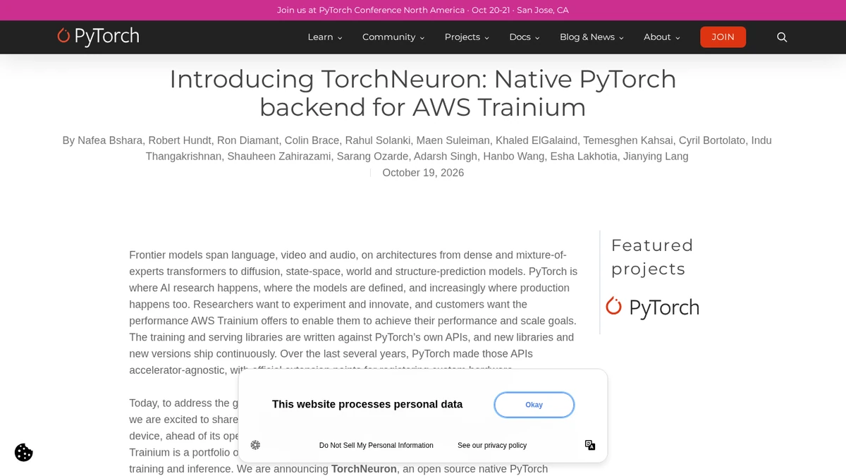 PyTorch blog introducing the TorchNeuron backend for AWS Trainium