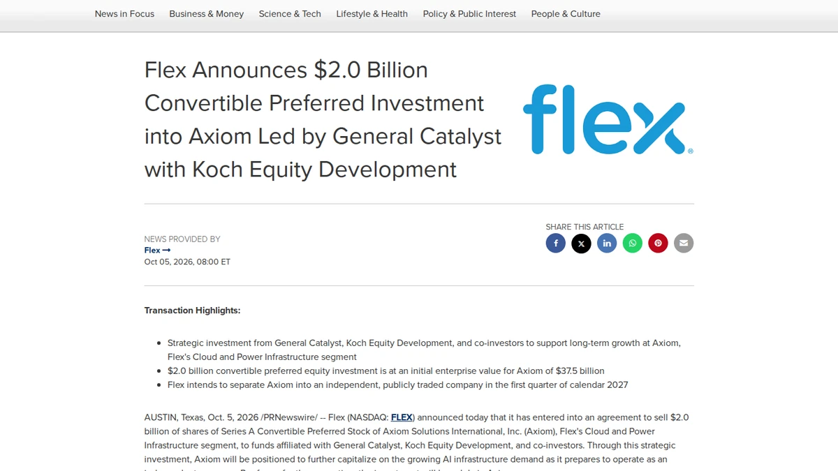 Flex announcement for the Axiom investment on PR Newswire