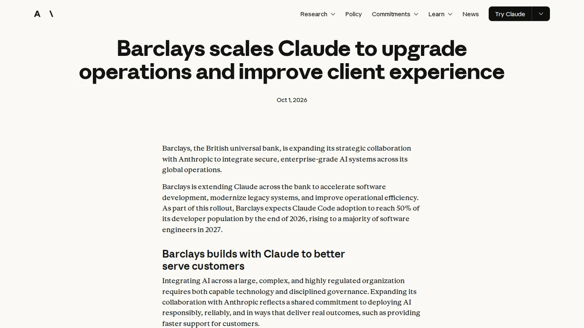 Anthropic's dated announcement of Barclays' global Claude rollout
