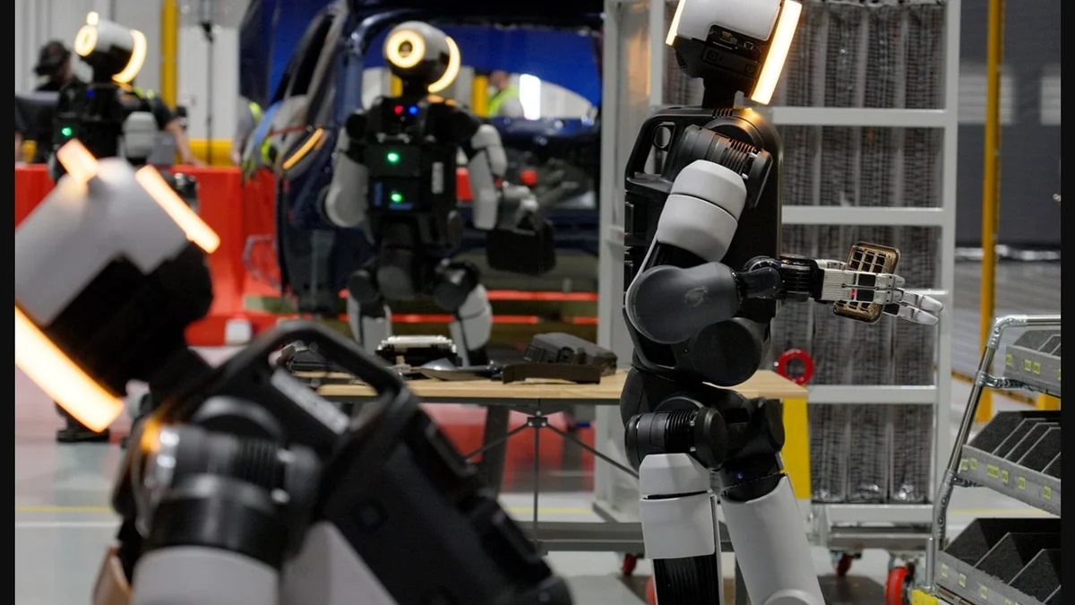 Multiple Boston Dynamics Atlas humanoid robots training inside the Robotics Metaplant Application Center