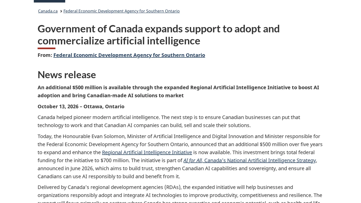 Government of Canada announcement of the additional $500 million Regional AI Initiative funding