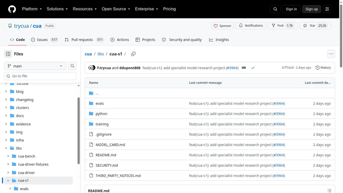 Cua's official GitHub repository showing the open CUA-S1 model project files