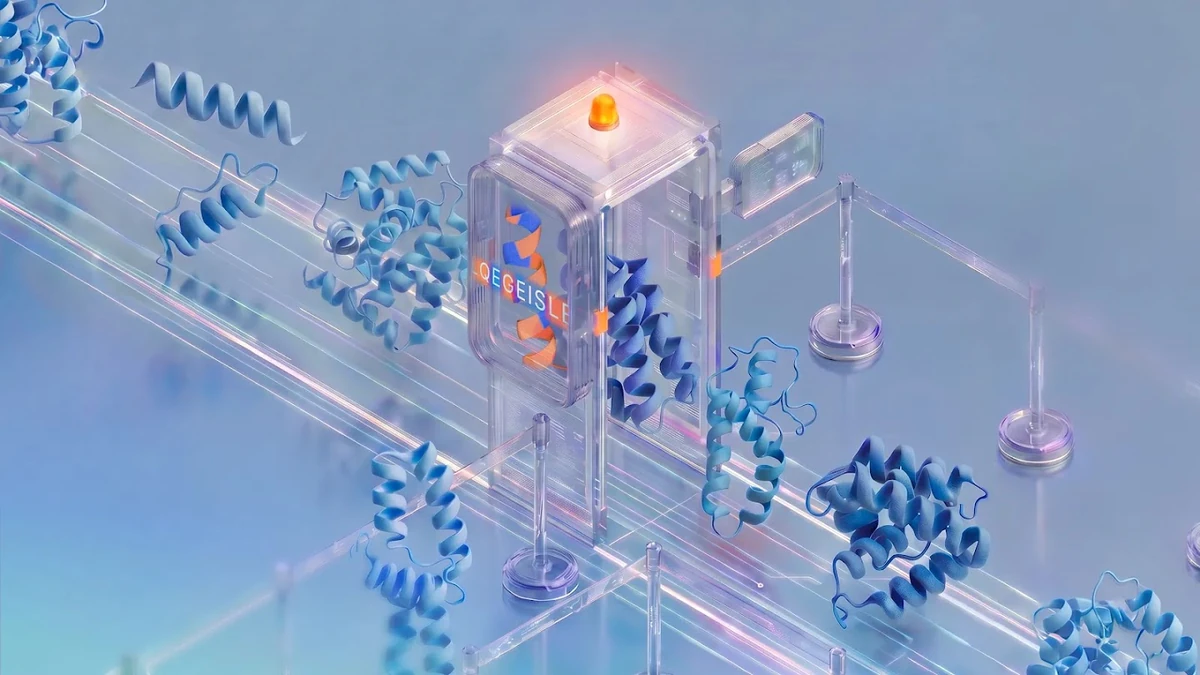 Blue protein structures passing through a glass checkpoint scanner