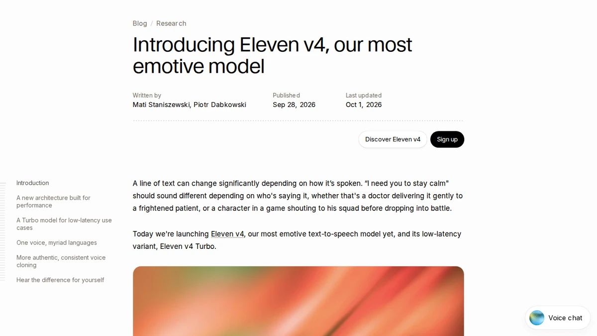 ElevenLabs' dated launch page for Eleven v4 and v4 Turbo