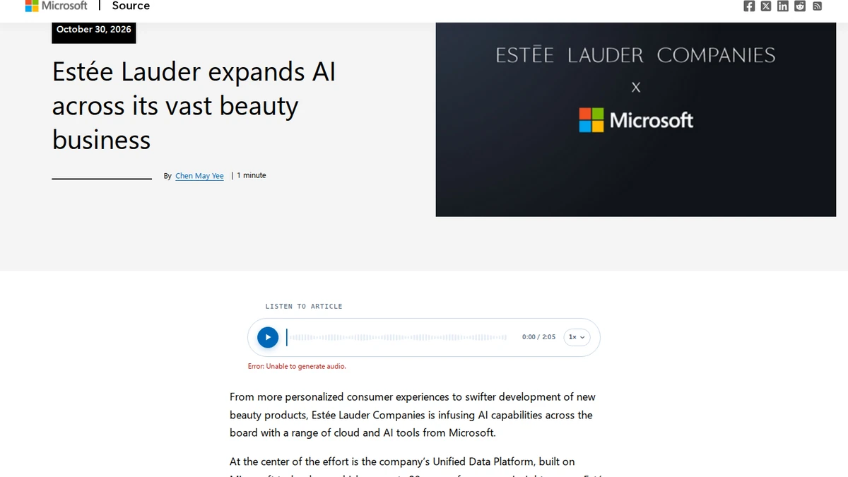 Microsoft Source article describing Estée Lauder's AI partnership and Copilot rollout