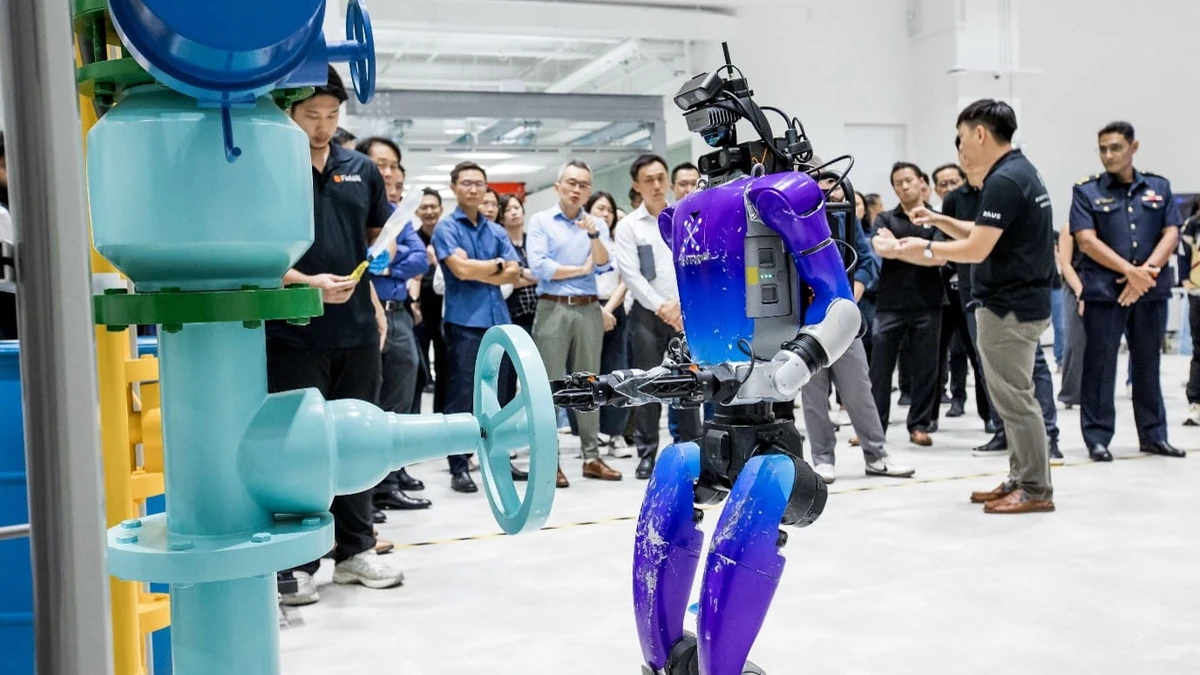 A humanoid robot prepares to turn a valve during an H2RC demonstration