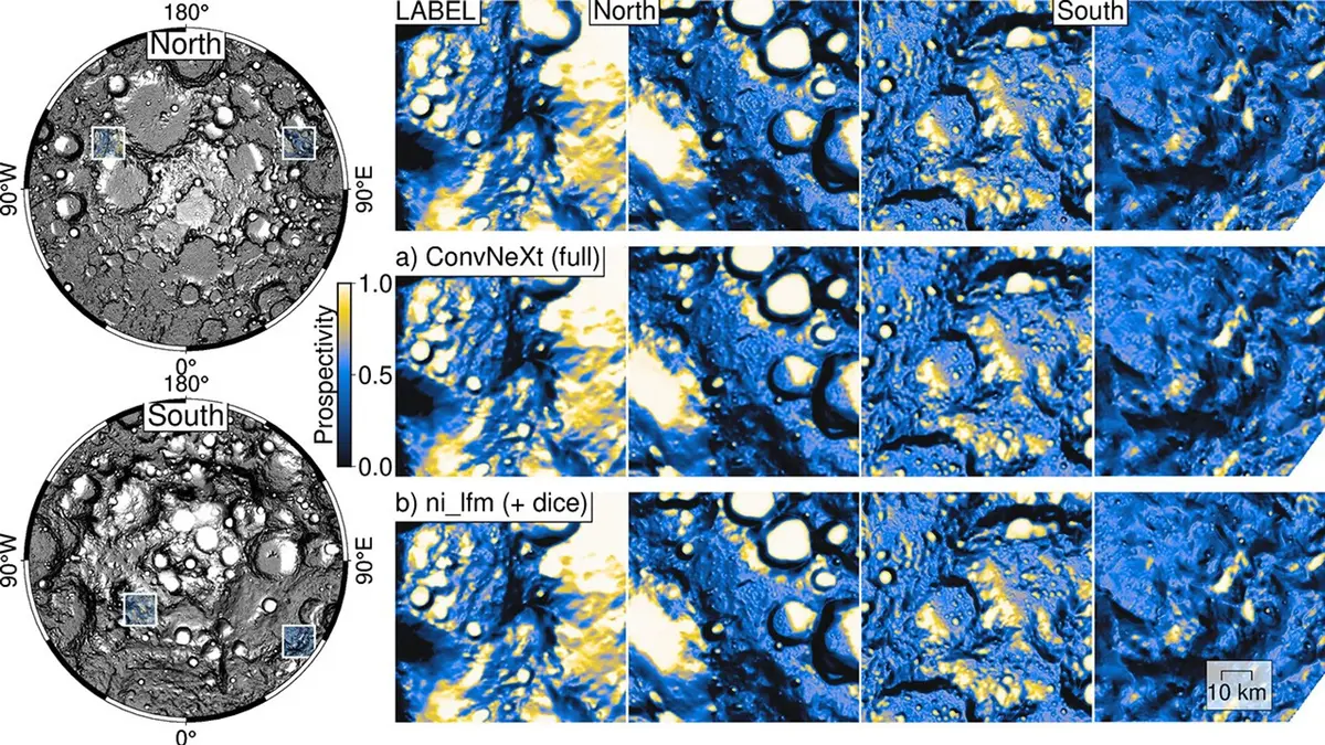 NASA and IBM comparison maps showing reference and model-predicted lunar ice prospectivity near the Moon's pole
