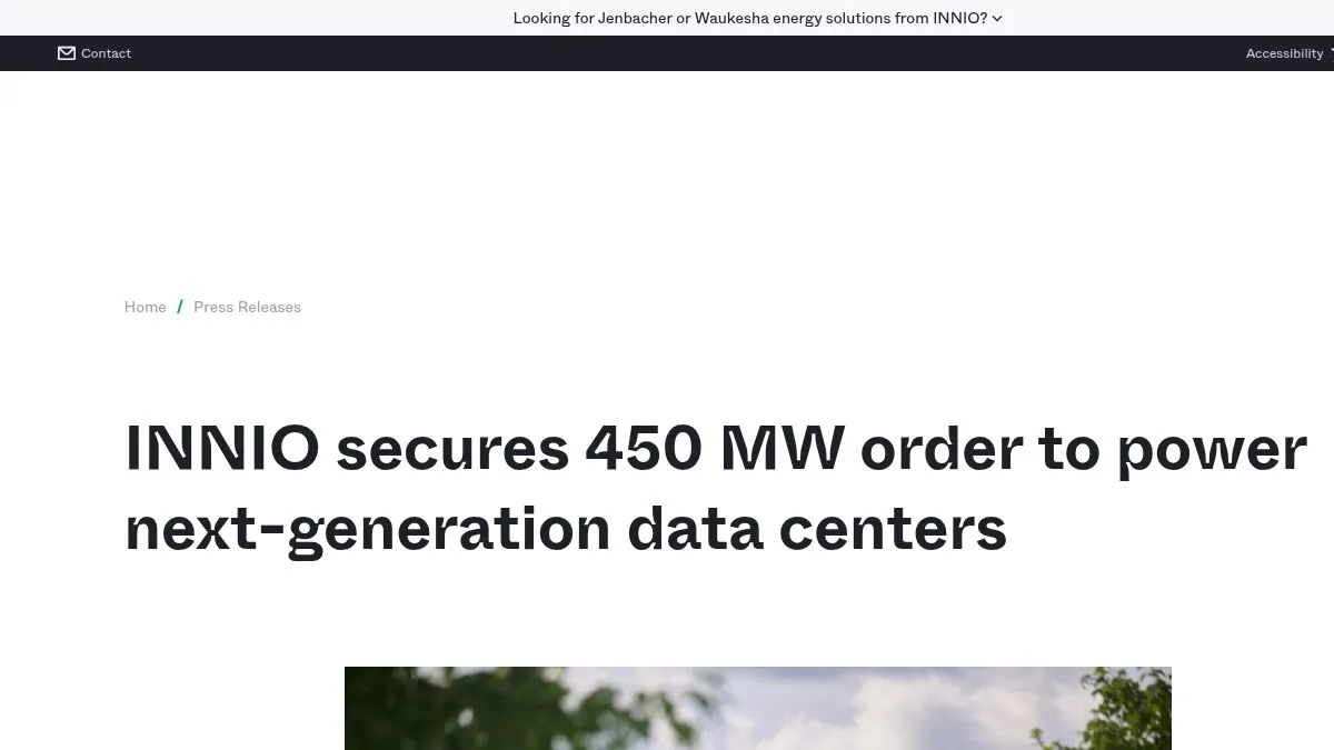INNIO announcement page for a 450 megawatt data-center power order