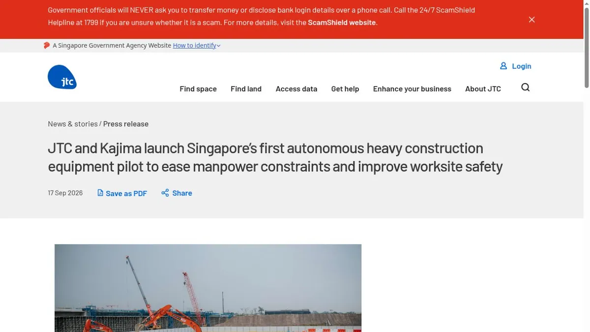 JTC announcement page showing the autonomous heavy construction equipment pilot headline and worksite photo