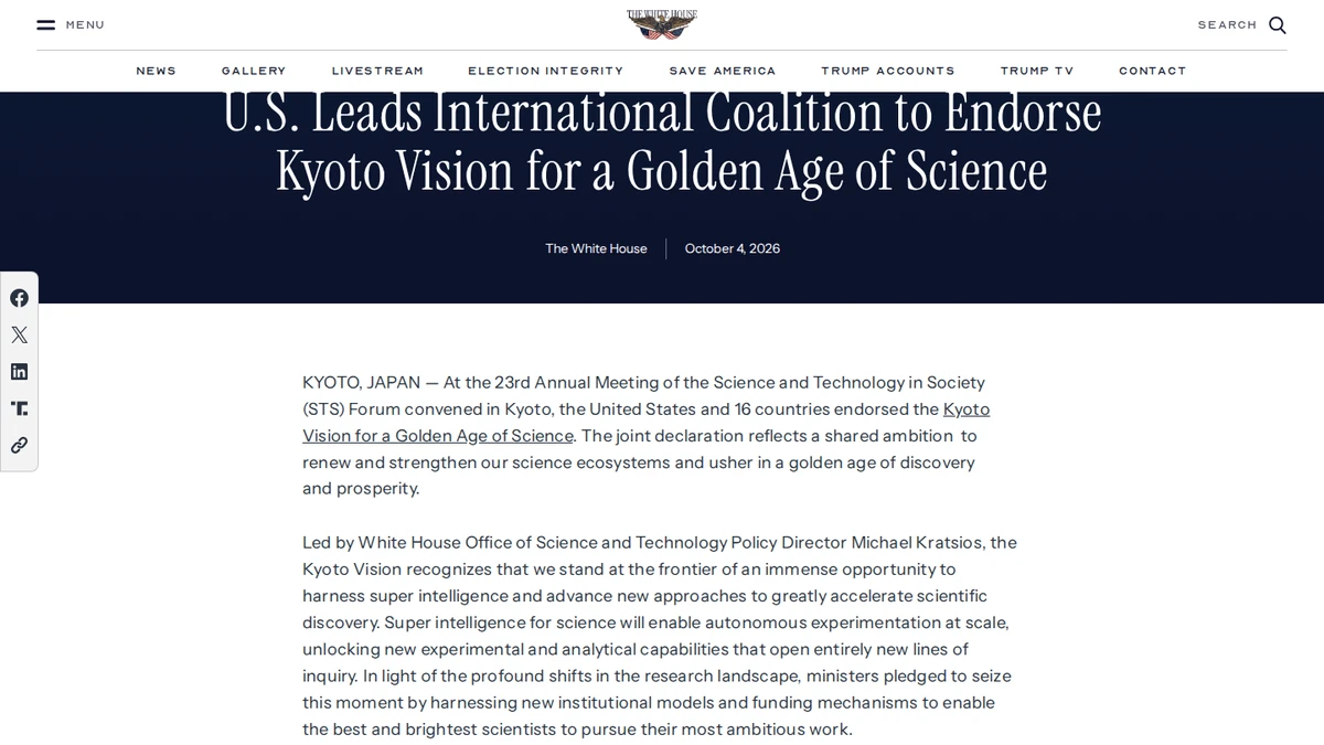 White House release announcing the 17-country Kyoto Vision for AI-enabled science