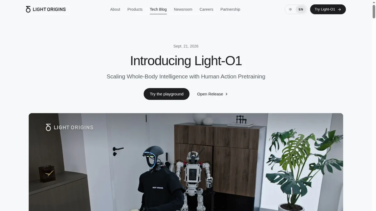 Light Origins' official Light-O1 announcement page showing a humanoid robot demonstration
