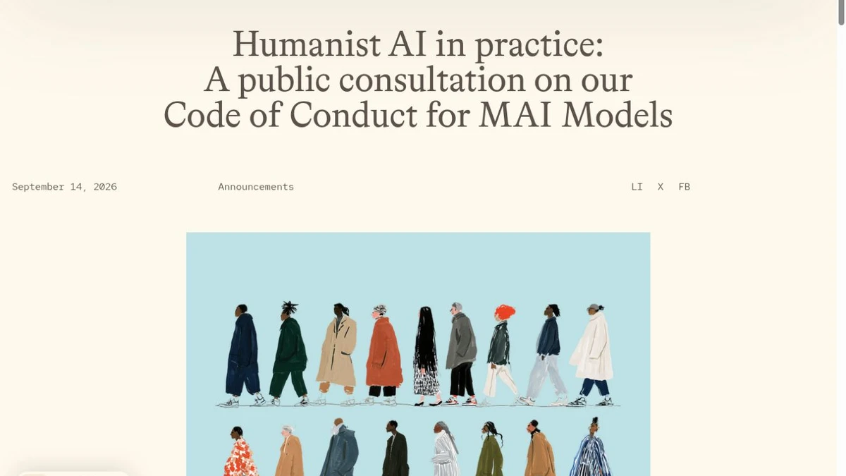 Microsoft AI Humanist AI Code of Conduct consultation page with official walking-people illustration