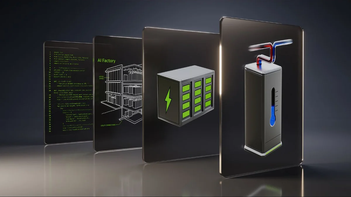 NVIDIA DSX Ready visual showing AI factory computing, battery storage and liquid cooling components