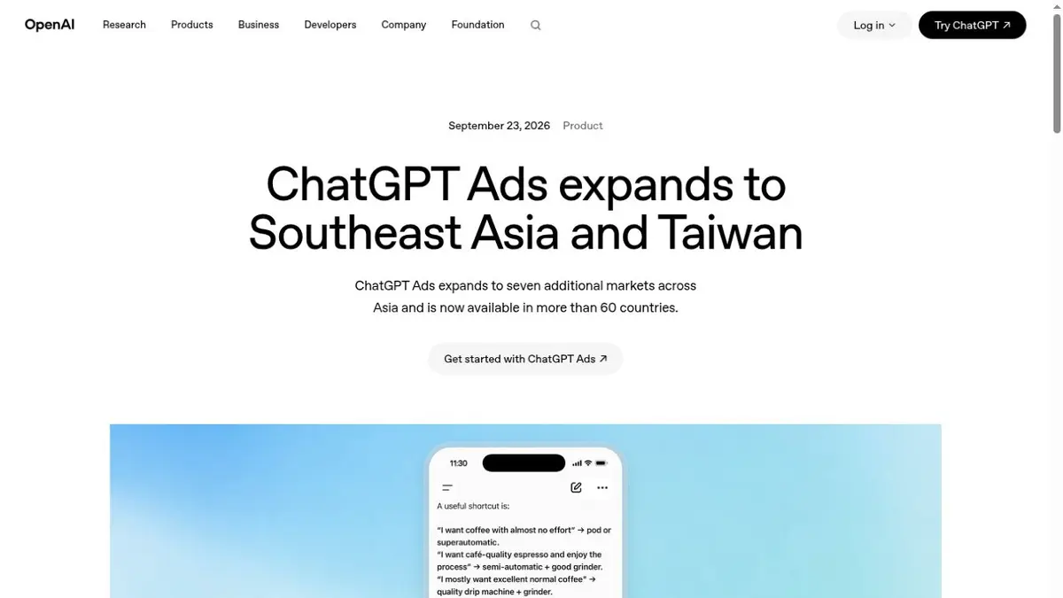 OpenAI announcement page for the ChatGPT Ads expansion to Southeast Asia and Taiwan