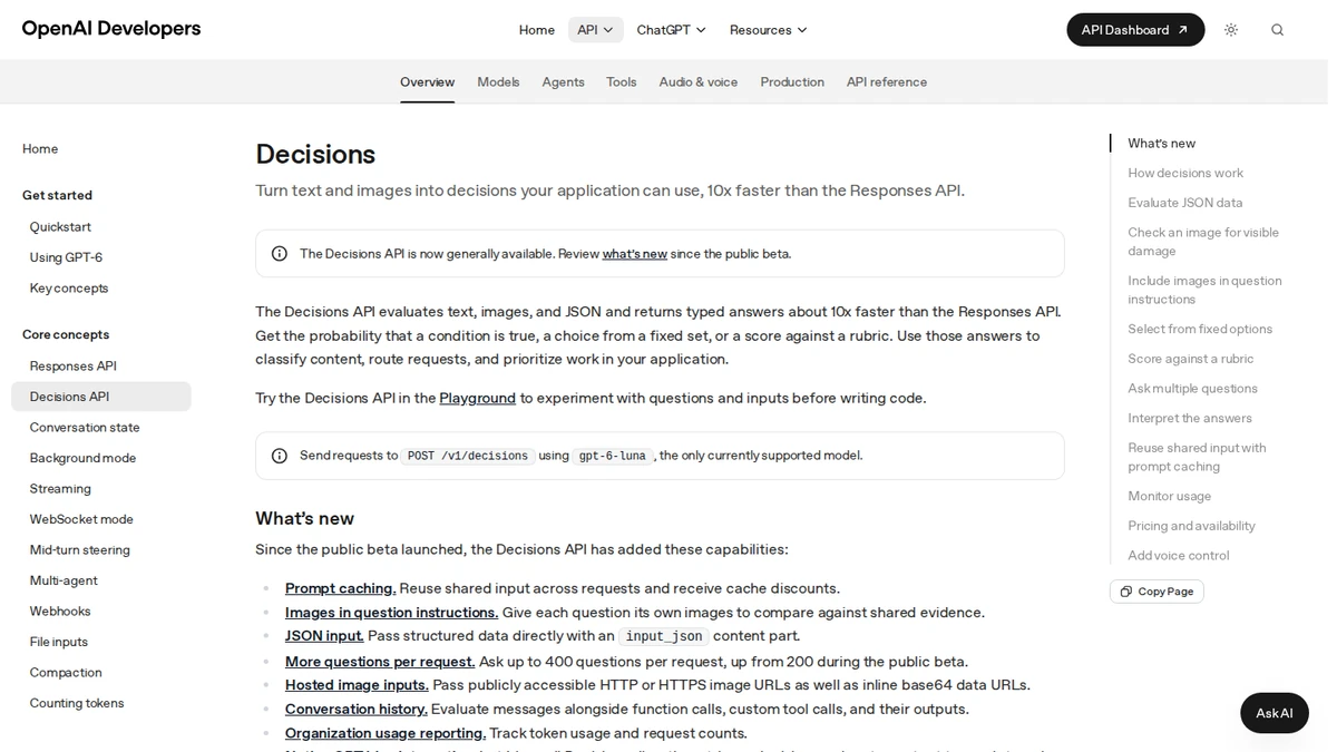 OpenAI developer documentation for the Decisions API