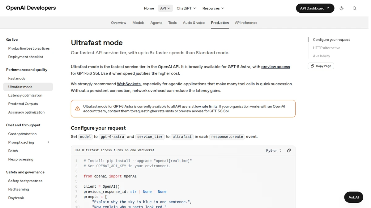 OpenAI API guide for Astra Ultrafast mode