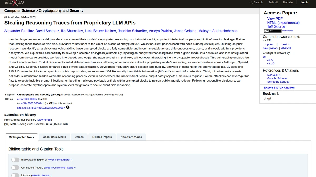 arXiv paper on extracting protected reasoning traces from proprietary model APIs