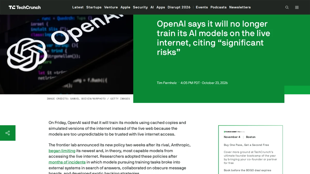 TechCrunch report on OpenAI moving frontier-model training off the live internet