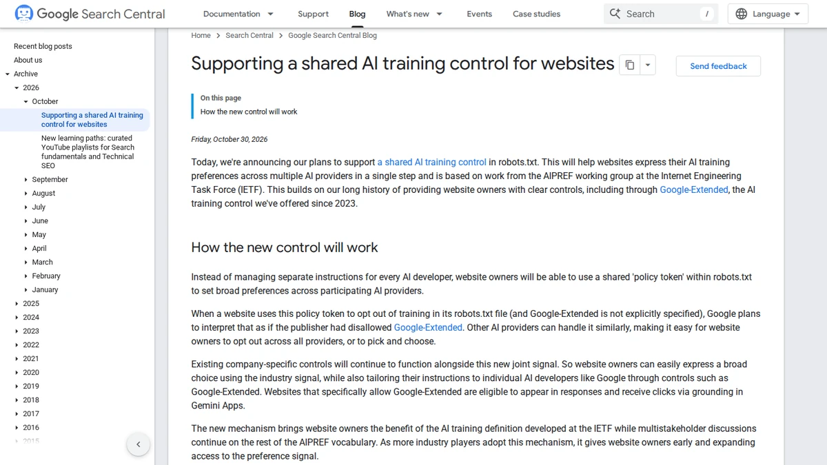 Google Search Central article describing a shared robots.txt AI training control