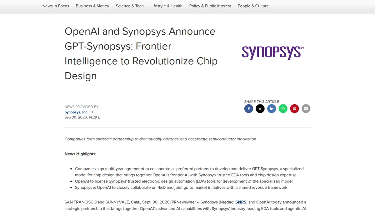 PR Newswire copy of Synopsys' GPT-Synopsys announcement