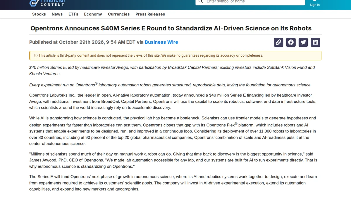 FinancialContent page carrying Opentrons' $40 million Series E announcement