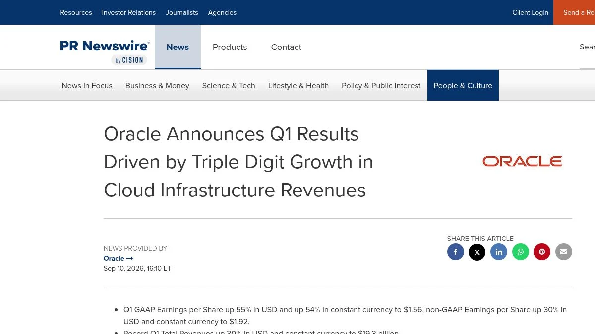 Oracle Q1 fiscal 2027 press-release headline and reported cloud infrastructure metrics on PR Newswire