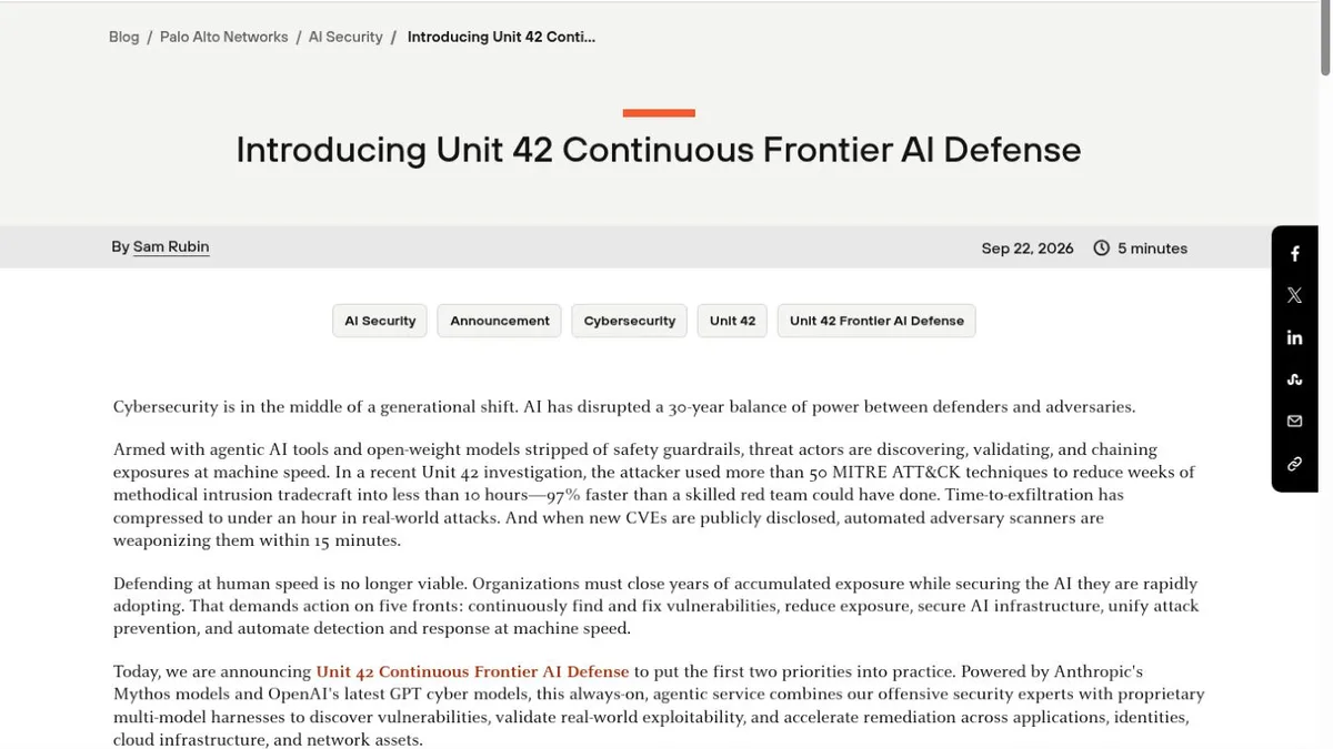 Palo Alto Networks' official Unit 42 Continuous Frontier AI Defense announcement page