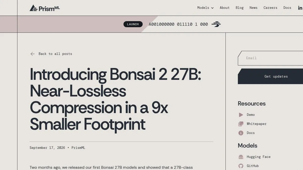 PrismML announcement page for the Ternary Bonsai 2 27B open model