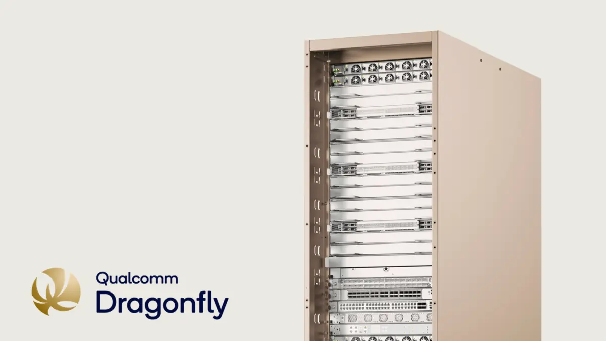 Official Qualcomm Dragonfly data-center rack product rendering