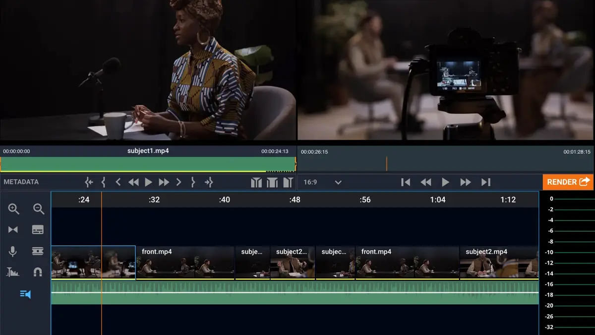 CuttingRoom browser video-editing interface with preview monitors and a multitrack timeline