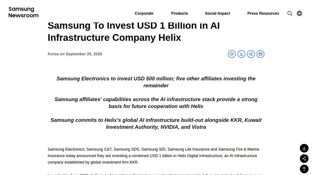 Samsung announces a USD 1 billion investment in Helix Digital Infrastructure