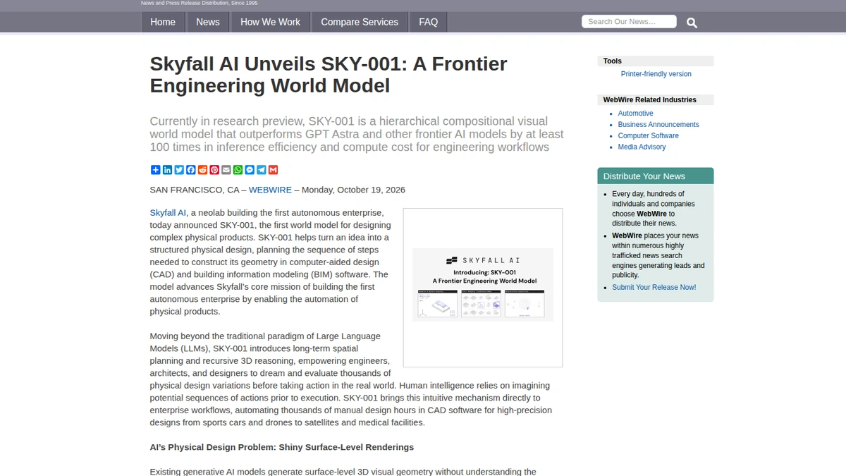 Skyfall's SKY-001 engineering world-model research-preview release