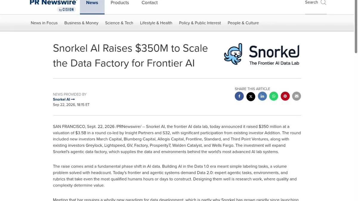 Snorkel AI's official $350 million funding announcement on PR Newswire