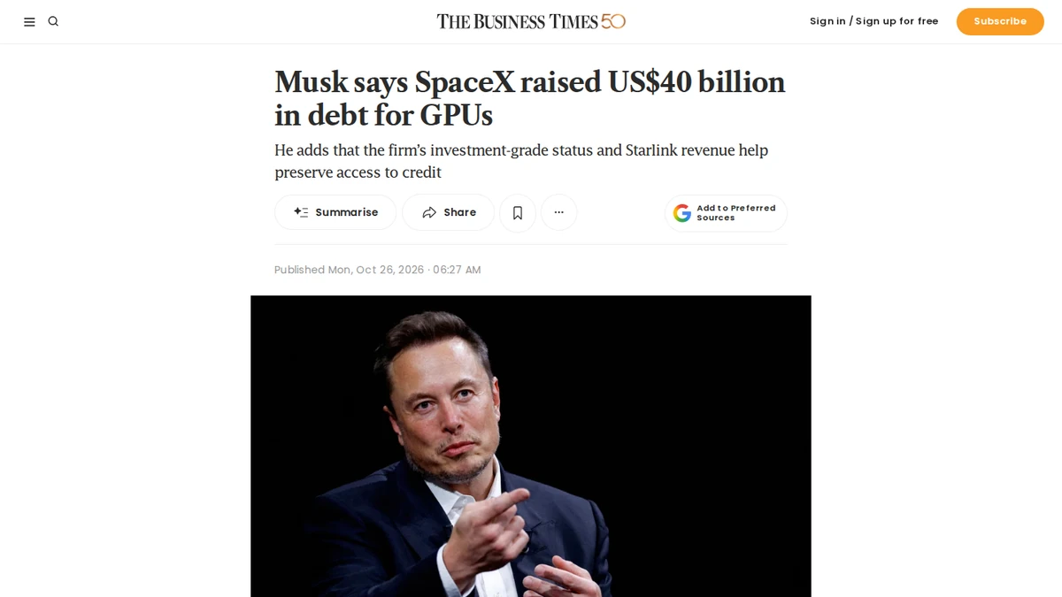 Business Times report on SpaceX’s GPU debt financing