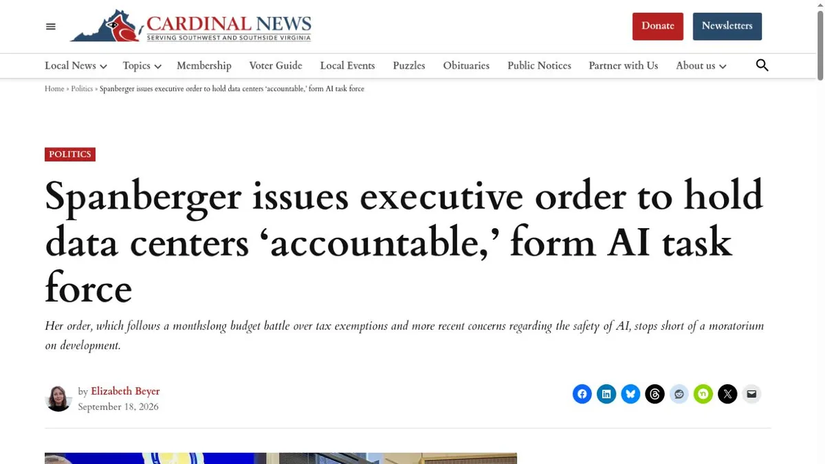 Cardinal News report on Virginia’s data-center accountability order and AI task force