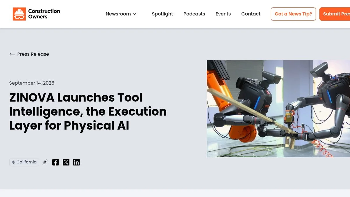 Two robots using construction tools in ZINOVA Tool Intelligence announcement visual